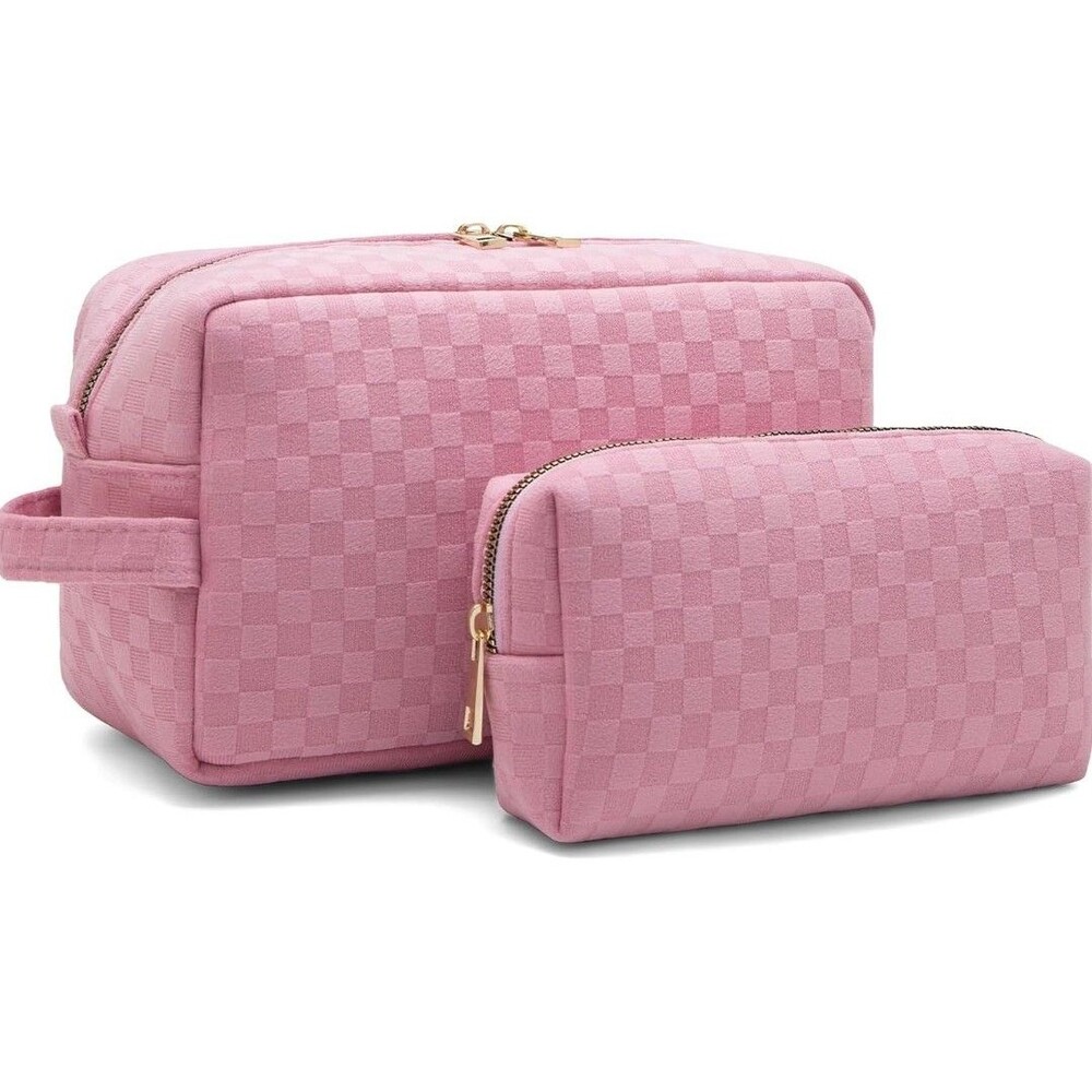 2 Pieces Large Checkered Makeup Bag Cosmetic Bag  Women Travel Toiletry NWT Pink